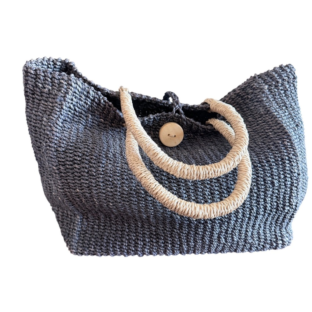 Vintage/Artisan Crochet Straw Market Tote Bag Slouchy Boho Beach Bag Denim Blue